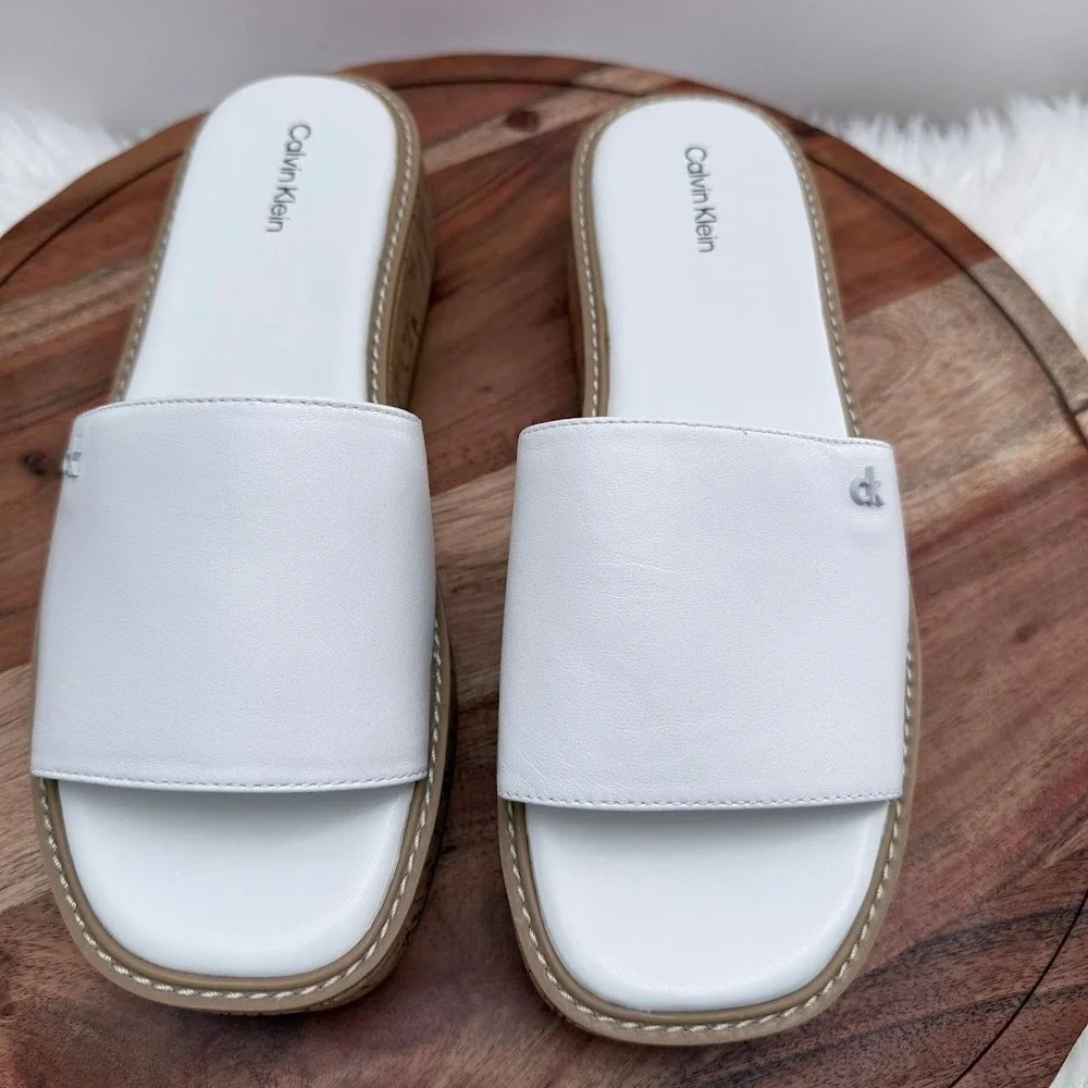 Calvin Klein White Arzelia Leather Cork Platform‎ Slide Sandals Womens 9.5 M